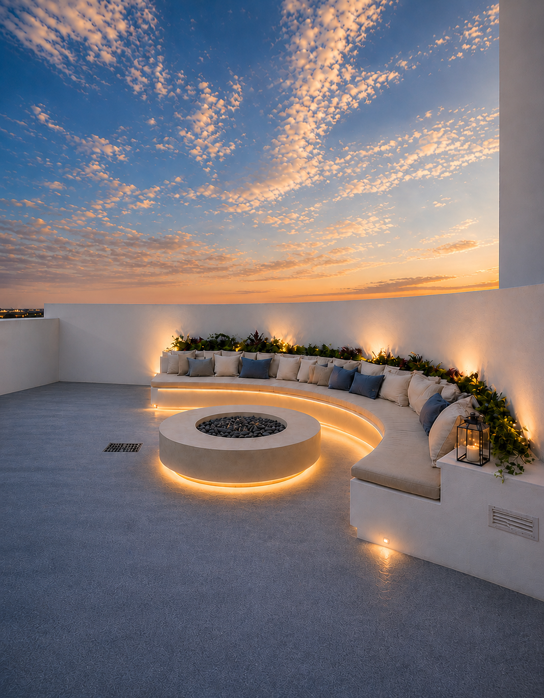 Miami Green rooftop lounge with curved seating and evening sky